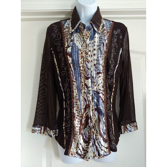 Alberto Makali Womens Artsy Pleated Sheer Mesh Sleeves Embroidered L Electic - Picture 1 of 13